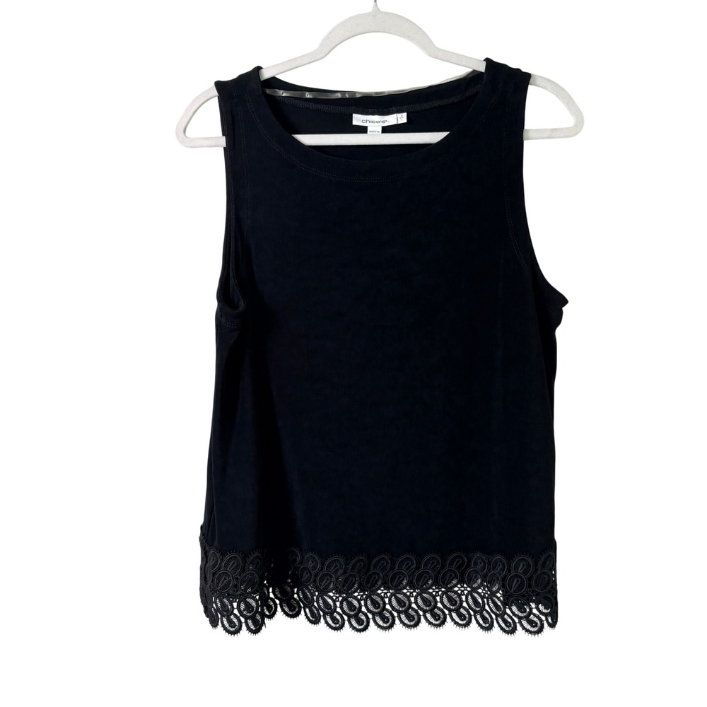 Chicos Sleeveless Blouse Women Size 2 US L Black Lace Trim Crew Neck Tank Top